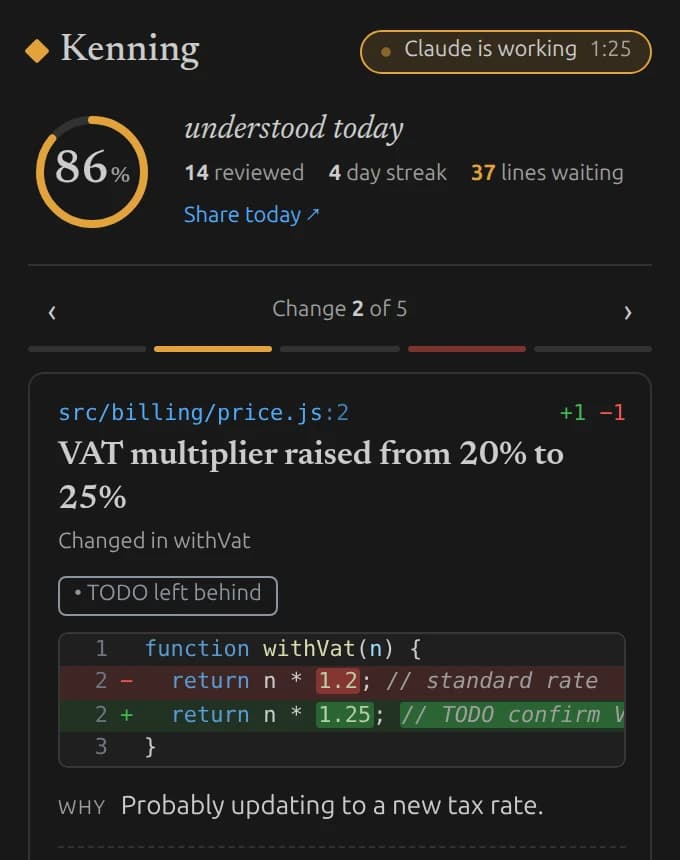 A Kenning review card in the VS Code sidebar