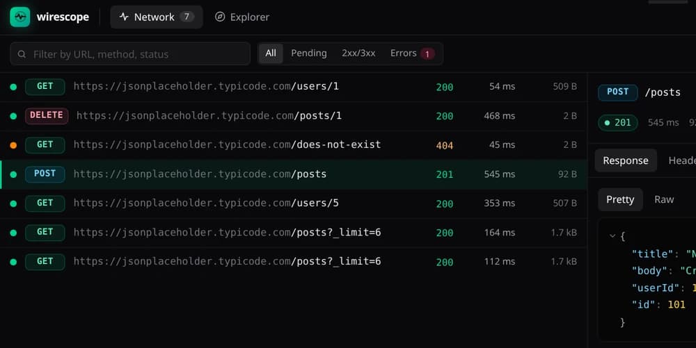 The wirescope network panel docked under a React app